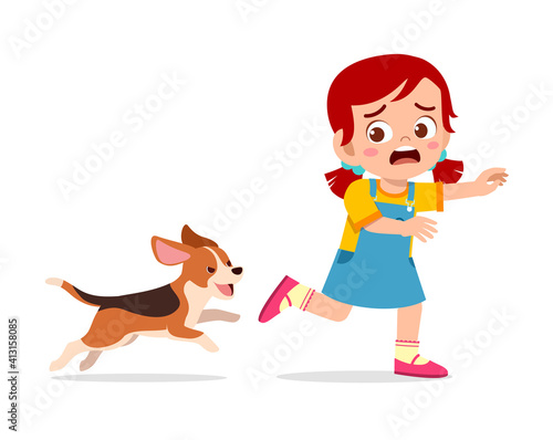cute little girl scared because chased by bad dog
