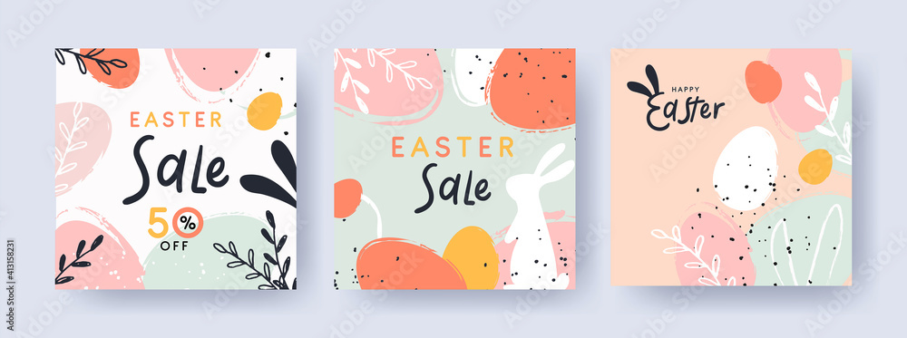 Happy Easter Set of banners, greeting cards, sale posters, holiday covers. Trendy design with typography, hand painted plants, dots, eggs and bunny, in pastel colors. Modern art minimalist style. - obrazy, fototapety, plakaty 