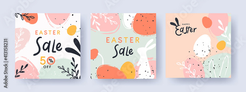 Happy Easter Set of banners  greeting cards  sale posters  holiday covers. Trendy design with typography  hand painted plants  dots  eggs and bunny  in pastel colors. Modern art minimalist style.