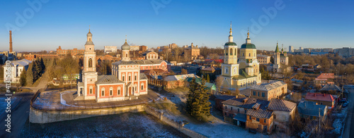 Panoramic aerial view of historical part of the town at sunny winter day. Serpukhov, Moscow Oblast, Russia.