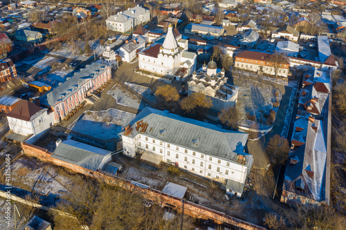 Aerial view of Vvedensky convent (monastery) at sunny winter day. Serpukhov, Moscow Oblast, Russia.