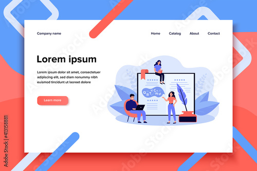 Talented typewriters reading and writing poems. Happy young people gathering at open book and antique feather with ink. Vector illustration for poet, poetry club, literature concept