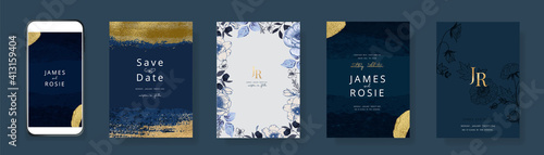 Luxury Blue Social Media, mobile Wedding invite frame templates. Vector background. Invitation mobile Floral with golden collage layout design.