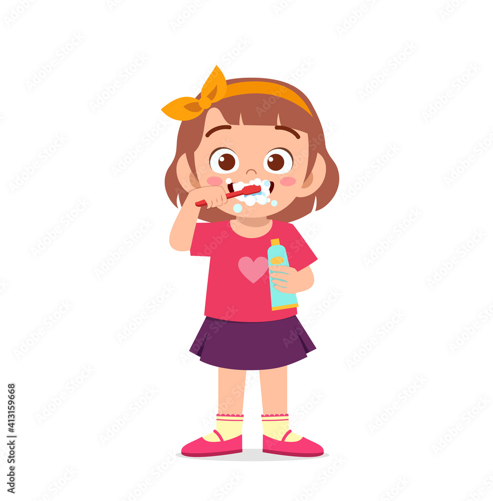 cute little girl brushing teeth and holding toothpaste cute little girl brushing teeth and holding toothpaste