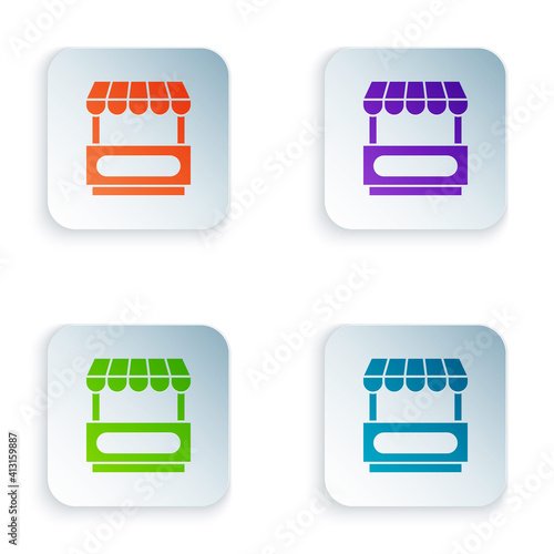 Color Fast street food cart with awning icon isolated on white background. Urban kiosk. Set colorful icons in square buttons. Vector.