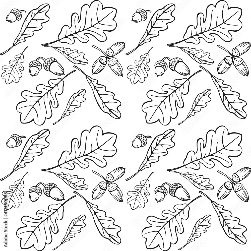 seamless pattern of oak leaves and acorn, black and white sketch, hand draw line art. For fabric, textil, paper, card seamless pattern of oak leaves and acorn, black and white sketch, hand draw line art. For fabric, textil, paper, card