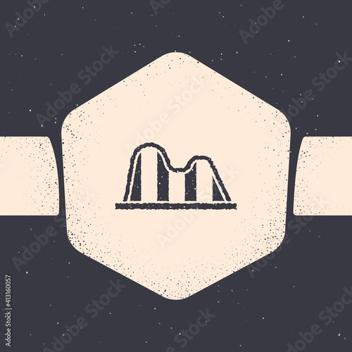 Grunge Roller coaster icon isolated on grey background. Amusement park. Childrens entertainment playground, recreation park. Monochrome vintage drawing. Vector.