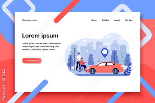 Two men taking taxi. Disabled, help. Flat vector illustration. Driver service concept can be used for presentations, banner, website design, landing web page