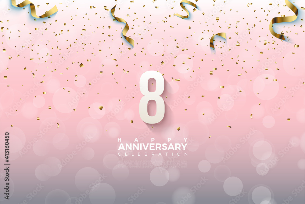 8th anniversary with numbers showered with gold ribbons. - obrazy, fototapety, plakaty 