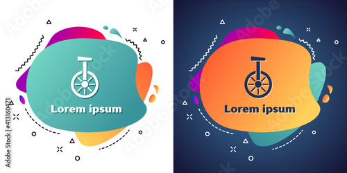White Unicycle or one wheel bicycle icon isolated on white and blue background. Monowheel bicycle. Abstract banner with liquid shapes. Vector.