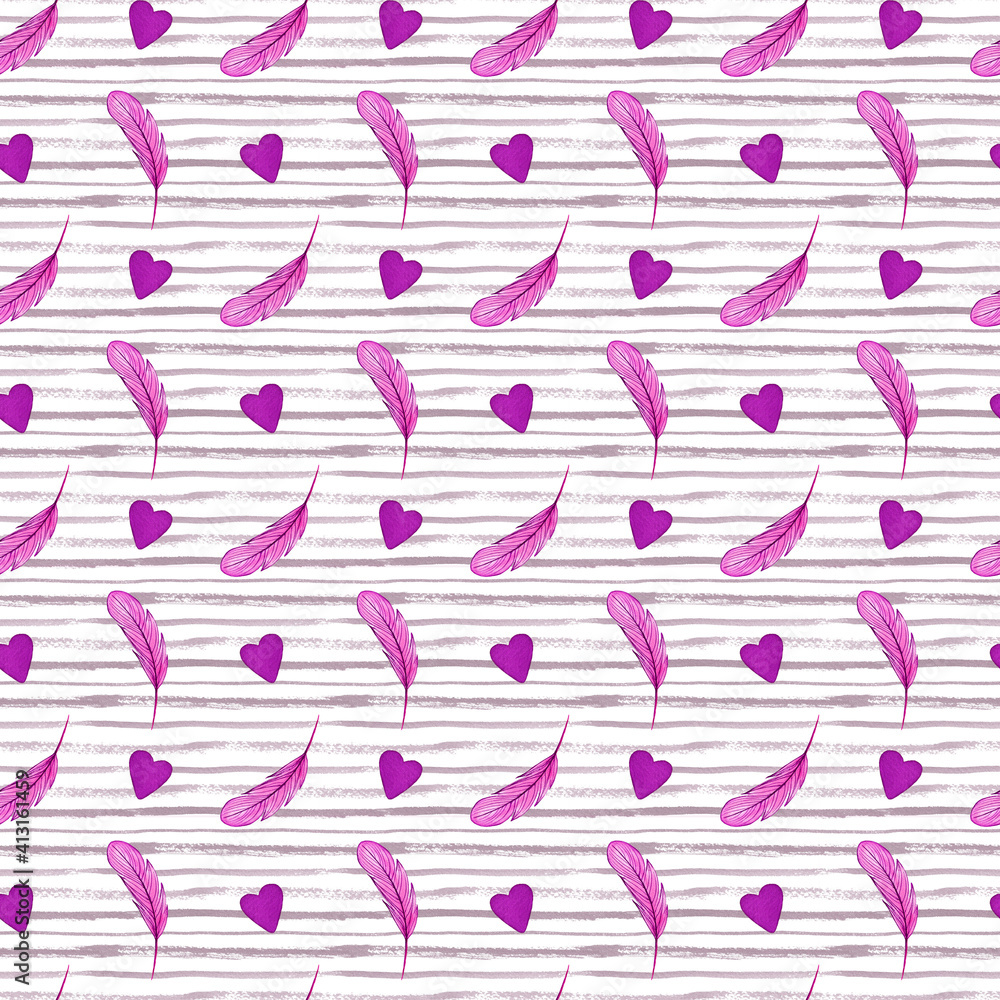 Seamless pattern with pink feathers and hearts on stripped white and grey background. Watercolor illustration. Seamless pattern with pink feathers and hearts on stripped white and grey background. Watercolor illustration.