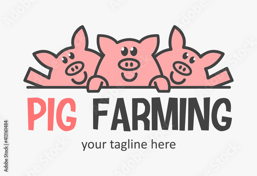 Cute pig farming logo with three funny pigs. Market pigs icon. Farmer sign.