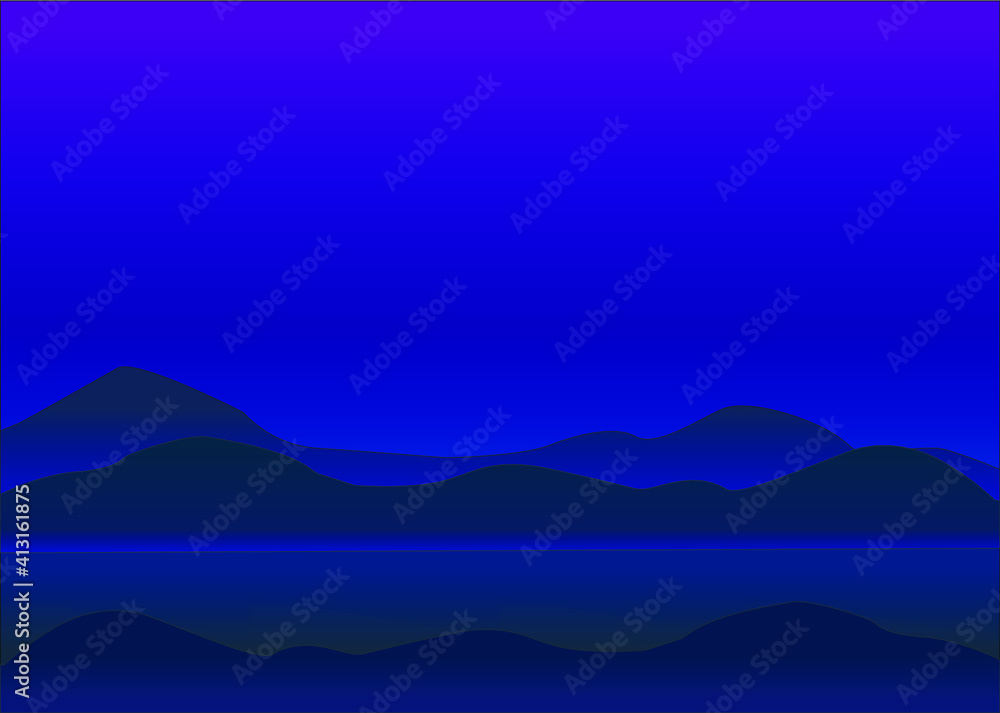 Mountains and lake, night landscape, vector ENP 10. Horizontal illustration in blue colors, no people, outdoor theme.