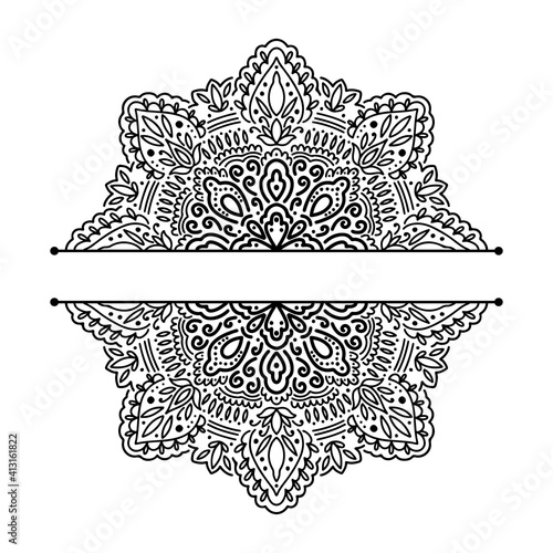 Graphic half for inscription round traditional mandala abstract isolated in white background.Boho indian shape.Ethnic oriental style.