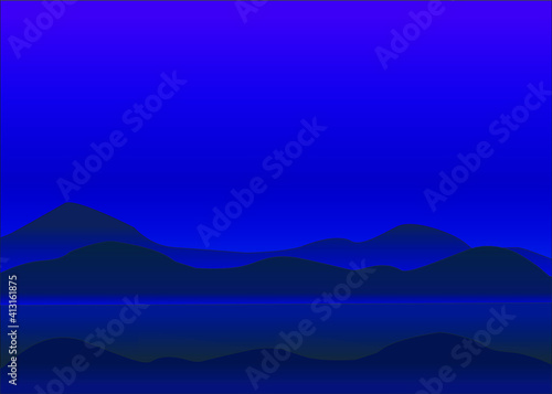 Mountains and lake, night landscape, vector ENP 10. Horizontal illustration in blue colors, no people, outdoor theme. © E.Kotliarevskaia