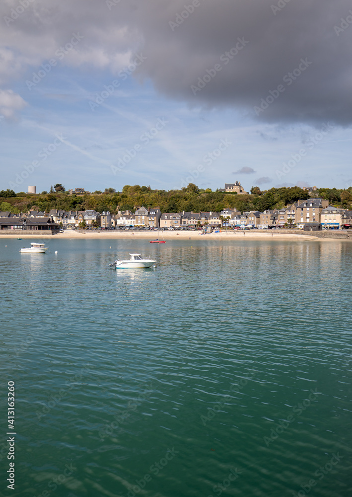 Fototapeta premium Cancale, fishing port and famous oysters production town located at the western end of the bay of Mont Saint-Michel on the Emerald Coast, Brittany, France