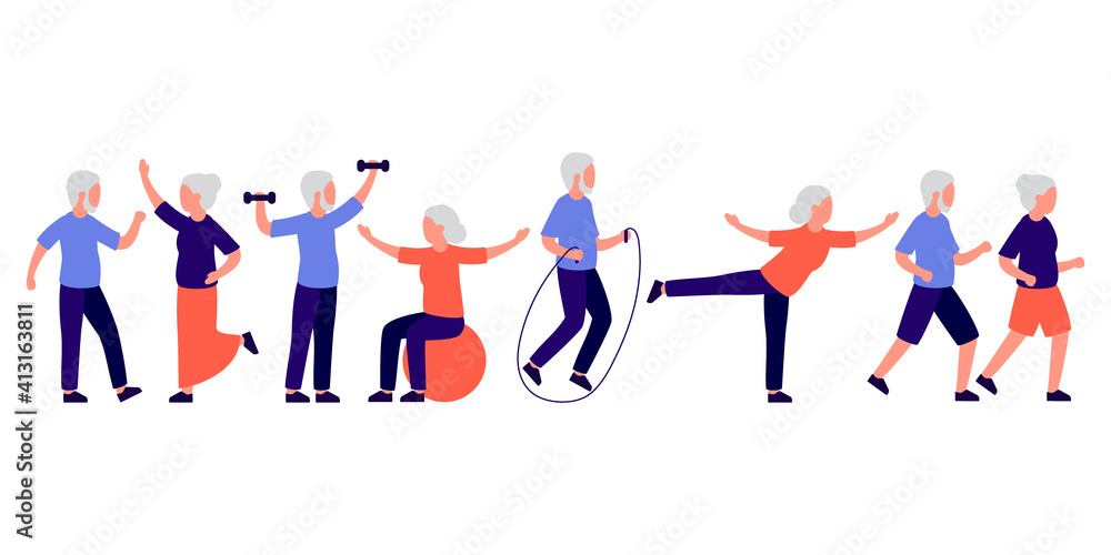Senior people men and women doing sport, active spending time together on leisure. Old family couple dance, exercise, run. Vector isolated illustration