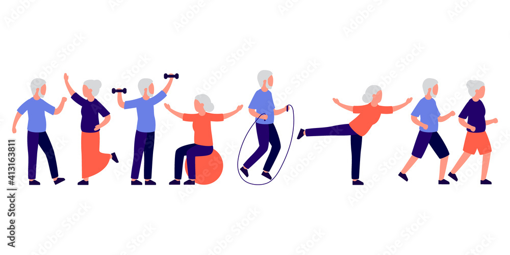Senior people men and women doing sport, active spending time together on leisure. Old family couple dance, exercise, run. Vector isolated illustration Senior people men and women doing sport, active spending time together on leisure. Old family couple dance, exercise, run. Vector isolated illustration