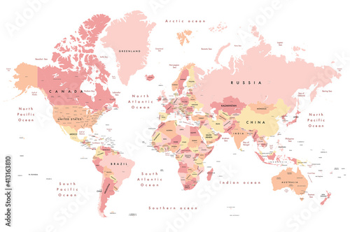 Fototapeta Naklejka Na Ścianę i Meble -  Colourful Illustration of a world map showing country names, State names (USA, Canada & Australia), capital cities, major lakes and oceans. Print at no less than 36