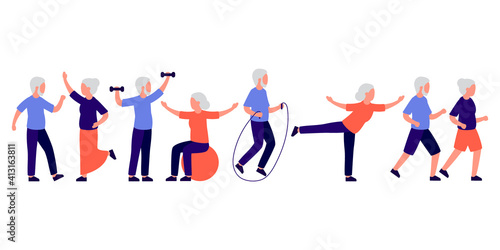 Senior people men and women doing sport, active spending time together on leisure. Old family couple dance, exercise, run. Vector isolated illustration