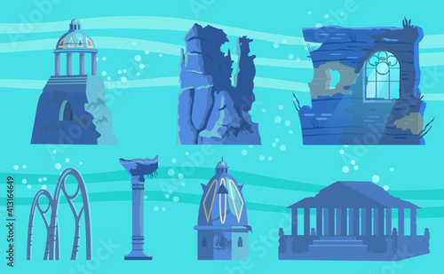 Vector set of sunken ruins of ancient city. Ancient pavilion ,rotunda,  columns, archs, gates, towers, acropolis, wall with window.