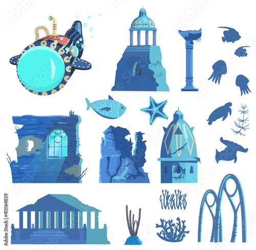 Vector set of sunken ruins of ancient city, submarine, underwater animals and plants silhouettes. Ancient pavilion ,rotunda,  columns, archs, gates, towers, acropolis, wall with window. 