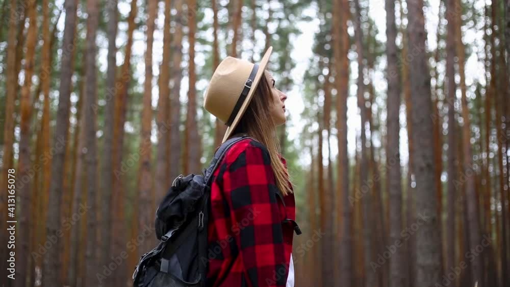 Woman tourist in the forest. Concept hike, tourism. Woman tourist in the forest. Concept hike, tourism.