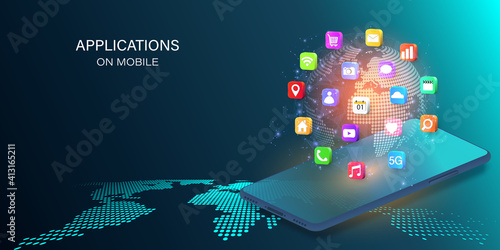 Applications on Mobile, smartphone with application icons isolated on global network background as new technology and communication concept. vector illustration..