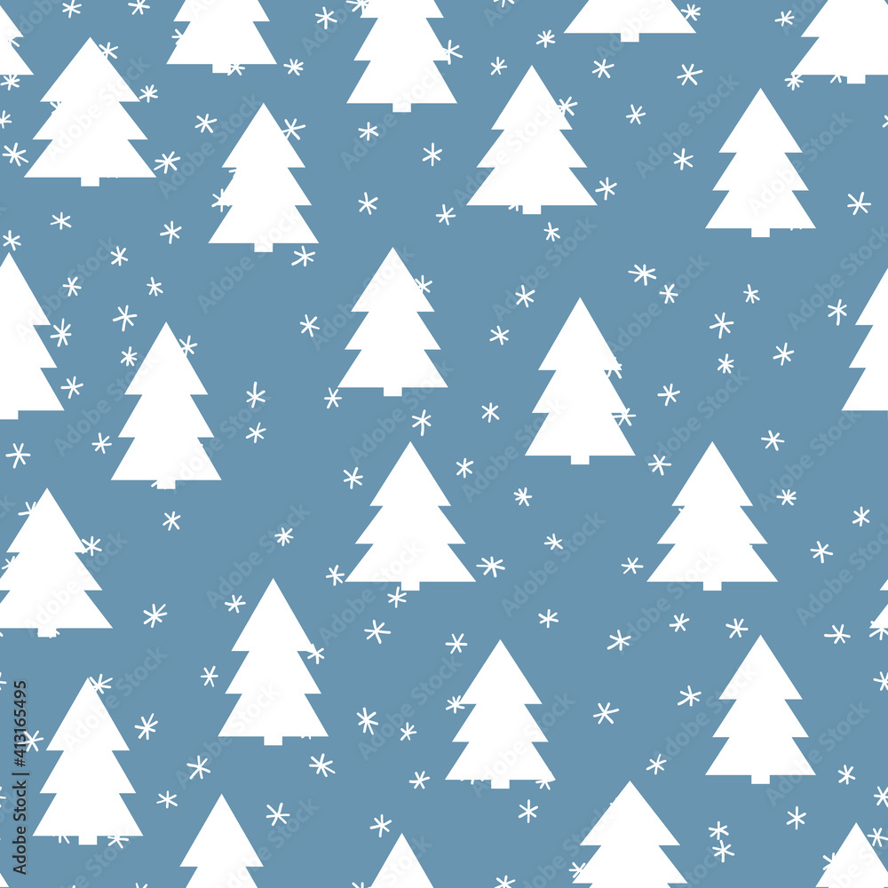 Winter seamless pattern with Christmas tree and snowflakes on color background. Vector illustration for fabric, textile wallpaper, posters, gift wrapping paper. Merry Christmas and New year Vector.