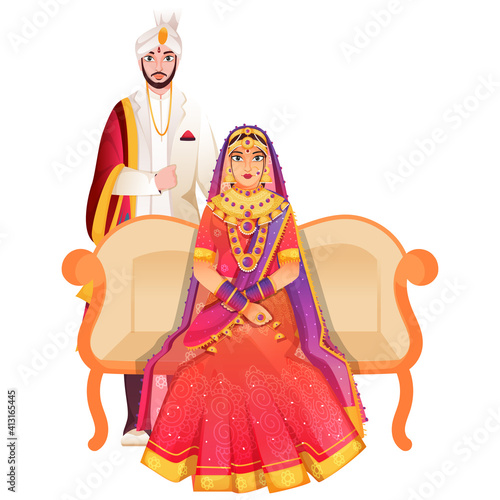 Beautiful Indian Bridal Sit At Sofa And Her Groom Standing On White Background.