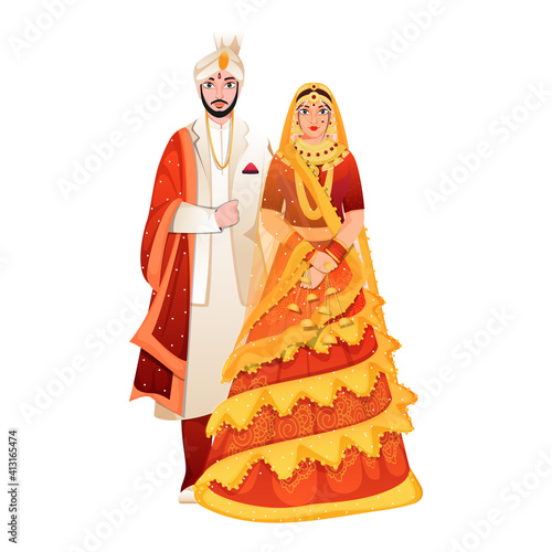 Beautiful Indian Wedding Couple Standing On White Background.