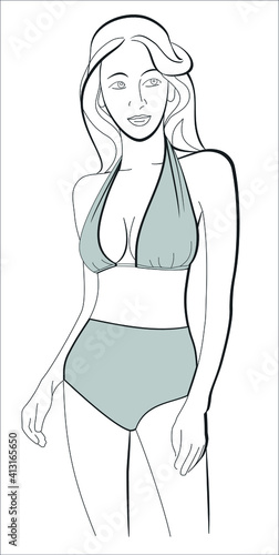 Vector silhouette of a girl in a swimsuit. Black and white image