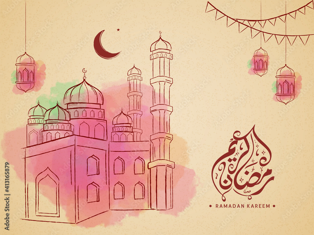 Ramadan Kareem Calligraphy In Arabic Language With Sketching Mosque, Crescent Moon, Lanterns Hang And Watercolor Effect On Yellow Background. Ramadan Kareem Calligraphy In Arabic Language With Sketching Mosque, Crescent Moon, Lanterns Hang And Watercolor Effect On Yellow Background.