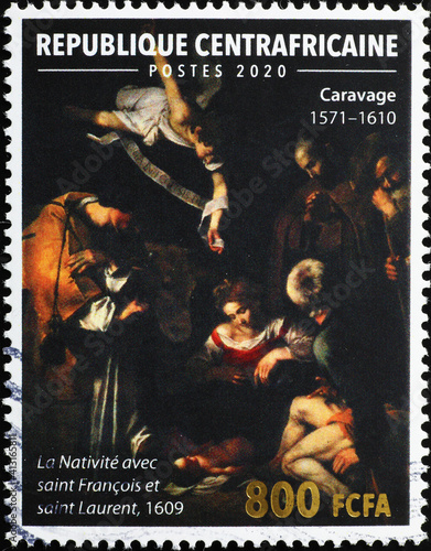 The nativity by Caravaggio on postage stamp photo