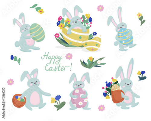 Easter rabbit and painted eggs. Cute happy animal in different poses. Symbols of the celebration of the Great Easter. Vector set of illustrations on white background