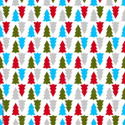 Winter seamless pattern with color Christmas tree on white background. Vector illustration for fabric, textile wallpaper, posters, gift wrapping paper. Merry Christmas and New year Vector.