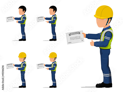 set of an industrial worker is holding certificate