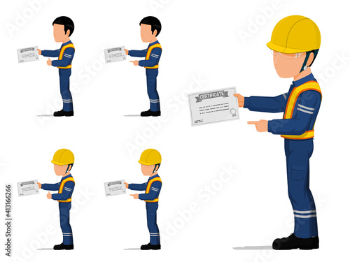 set of an industrial worker is holding certificate