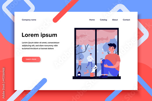 Sick young man with flu looking at window. Disease, loneliness, medication flat vector illustration. Healthcare and isolation concept for banner, website design or landing web page