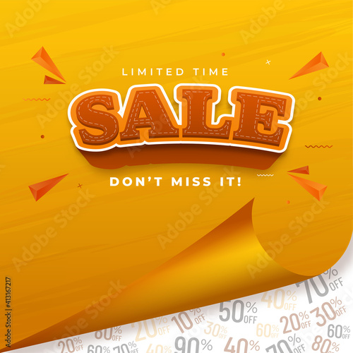 Sale Poster Or Template Design With Yellow Curl Paper On White Discount Offers Background.