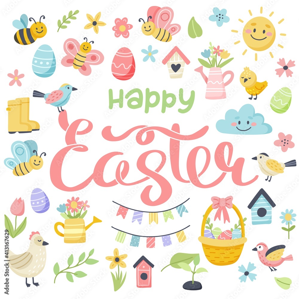 Happy easter lettering with cute eggs, birds, bees, butterflies. Cute hand drawn vector illustration, card template Happy easter lettering with cute eggs, birds, bees, butterflies. Cute hand drawn vector illustration, card template