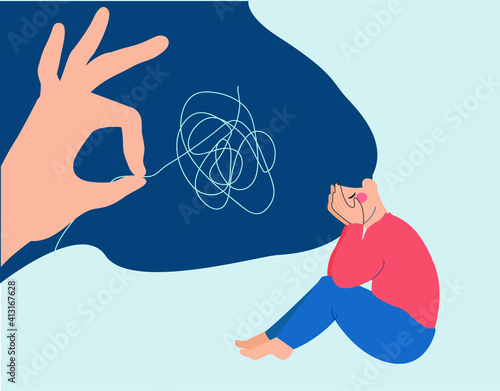 Girl suffering from mental health, sadness, pain or fatigue get a help. Psychology and psychology support a woman with depression and stress. Hand unravel the negative tangle of thoughts of a female.