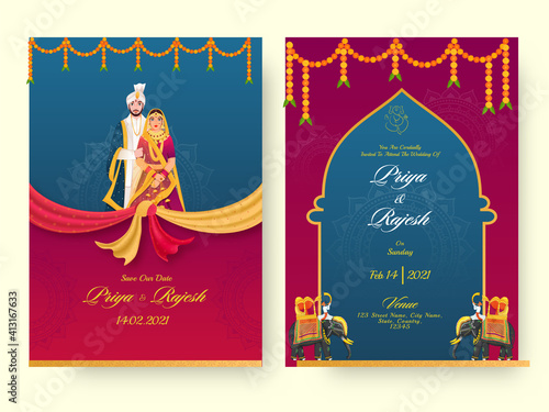Indian Wedding Invitation Card Template Layout With Hindu Couple And Event Details.