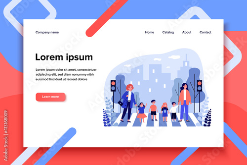 Two women crossing road with group of children. Street, traffic lights, building flat vector illustration. Cityscape and urban lifestyle concept for banner, website design or landing web page