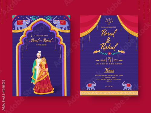 India Kitsch Style Wedding Invitation Card With Event Details In Front And Back View.