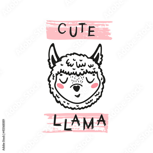 Cute Llama Face. Funny Alpaca Head for Tee Print Design for Kids. Vector Cartoon Little Baby Animal. Scandinavian Card, Print or Poster Design
