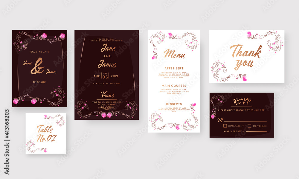 Wedding Invitation Template Layout As Save The Date, Menu, Thank You, RSVP, Table No Card.