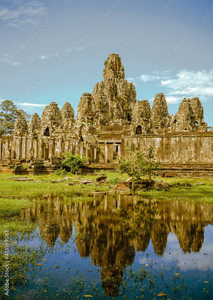 Angkor Thom right side with water reflection Angkor Thom right side with water reflection