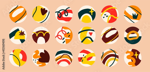 Big vector set of round cover icons highlight social media stories.Trendy style. Abstract shapes, lines, spots, points, doodle objects.