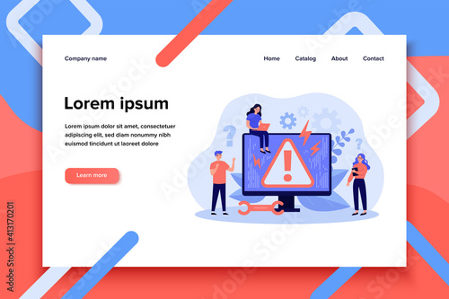 System error concept. Upset tiny people standing at computer with warning symbol on monitor. Vector illustration for page not found or computer breakdown topics